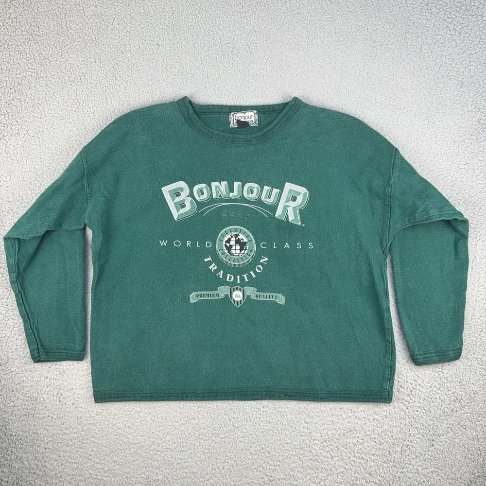 Vintage Bonjour Sweatshirt Mens One Size Green World Class Tradition Graphic USA